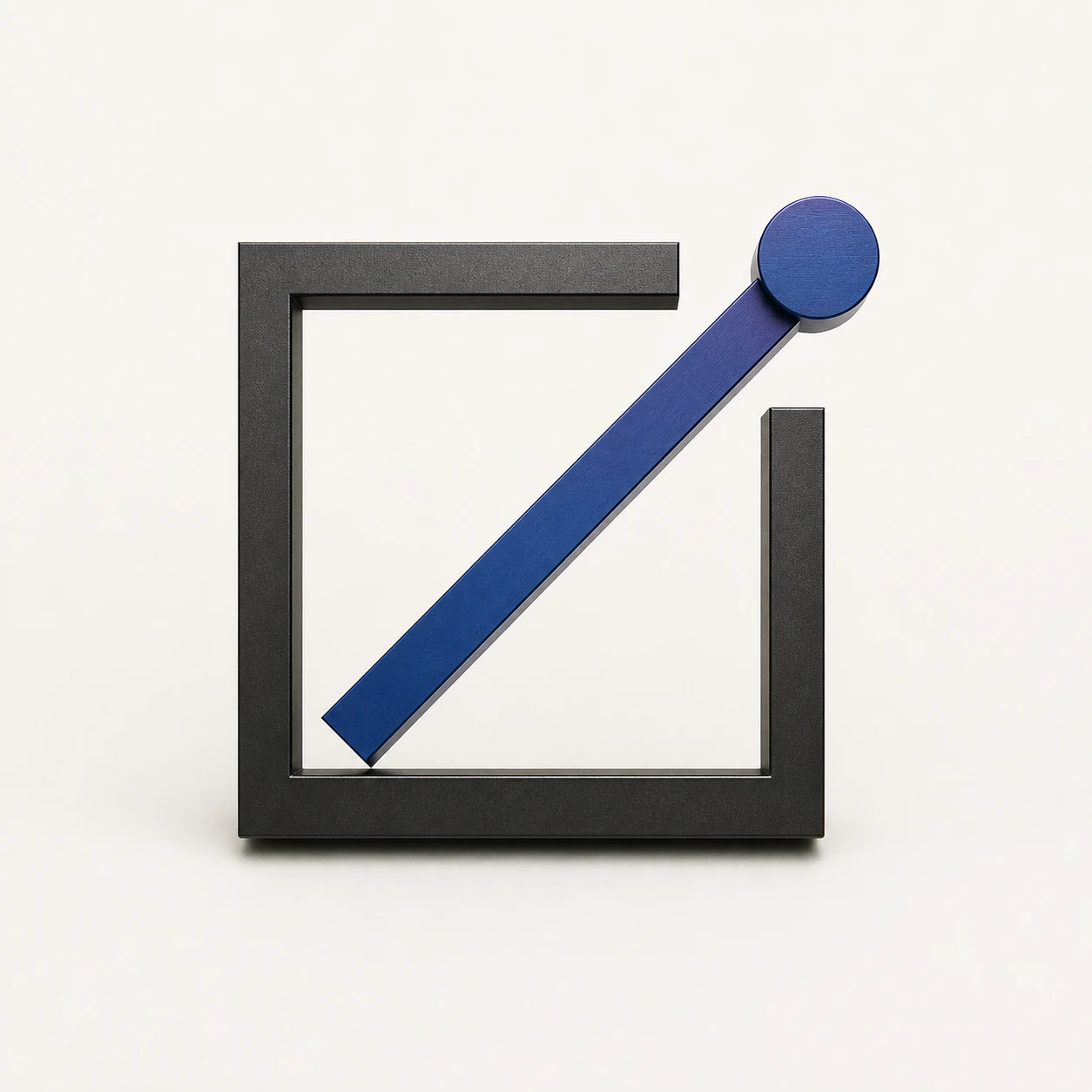 A fabricated blackened-steel frame with an open upper-right aperture and a cobalt bearing arriving beyond it